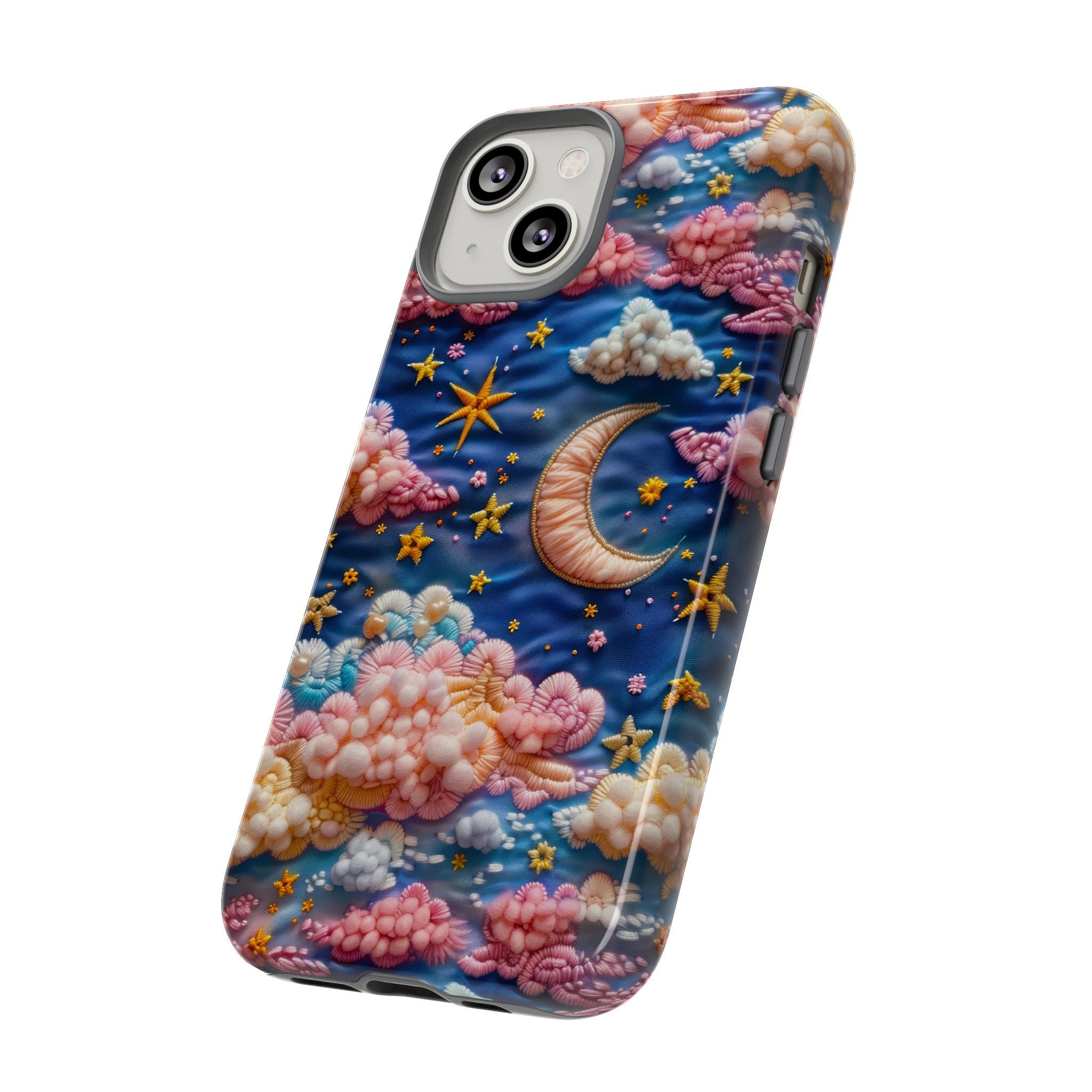 Astral Blossoms 3D Celestial Rainbow Embroidered Phone Case | Colorful Faux Embroidery 3D Stars & Moon Phone Cover For iPhone Samsung Pixel