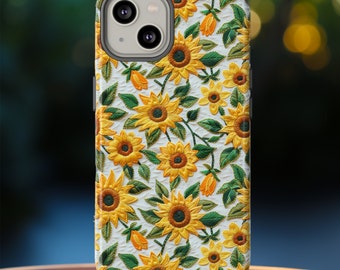 Faux Embroidered Sunflower Collage Phone Case | 3D Sunflower Embroidery Phone Cover | iPhone 16 Pro Max | Pixel 9 Pro | Samsung S25 Ultra