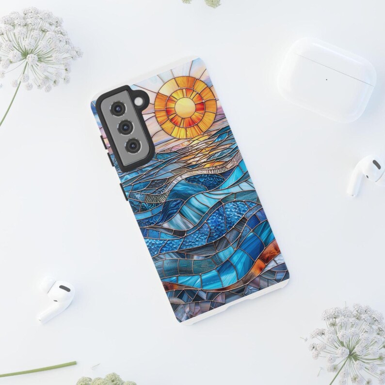 Faux Stained Glass Sunset Phone Case, Mosaic Sunray Ocean Phone Cover, iPhone Google Pixel Samsung Galaxy image 16