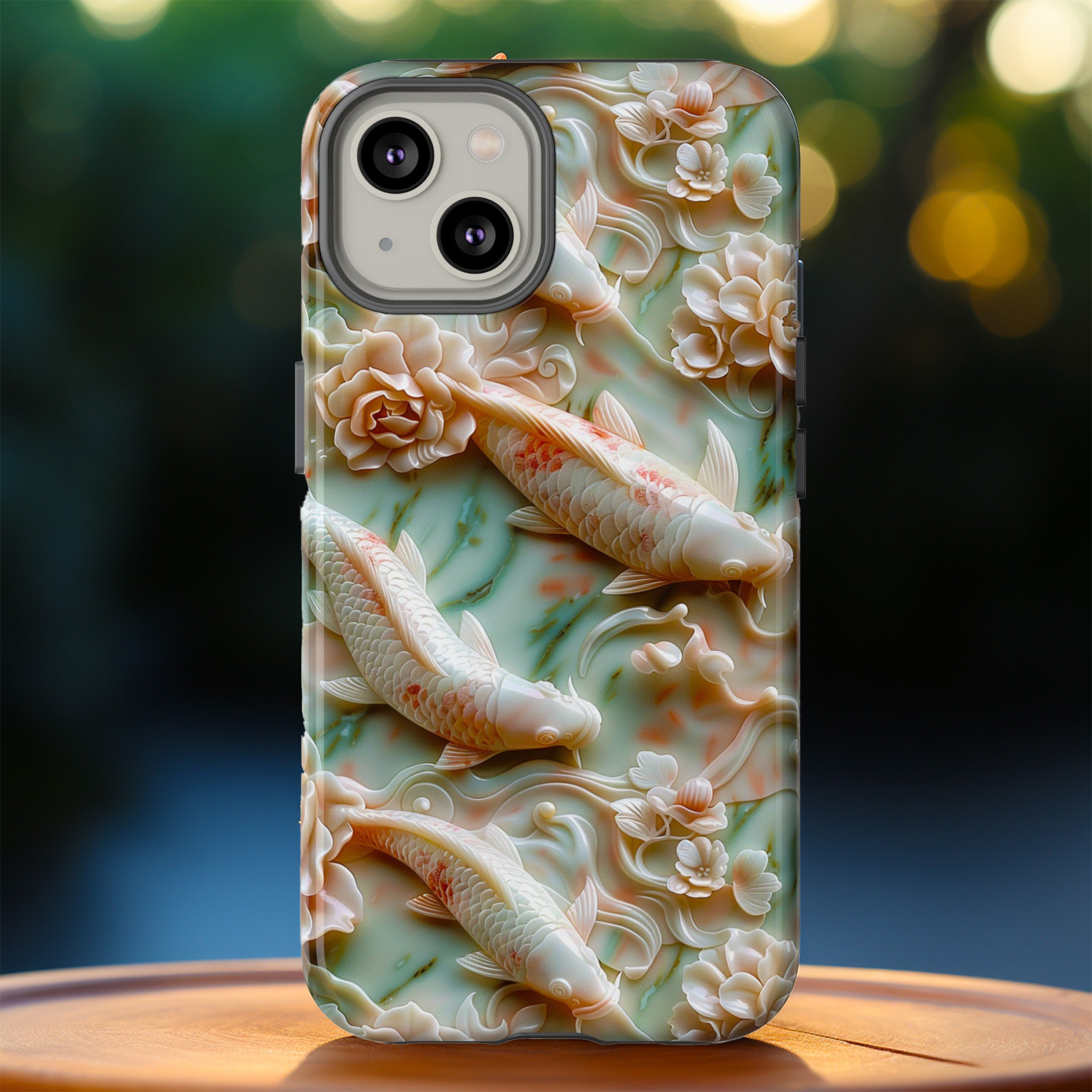 Asian Jade Koi Fish Carving Phone Case, Pink Marble Koi Fish Pond, iPhone 15 14 Pro Max, Google Pixel 8 Pro, Samsung Galaxy S24 S22 Ultra
