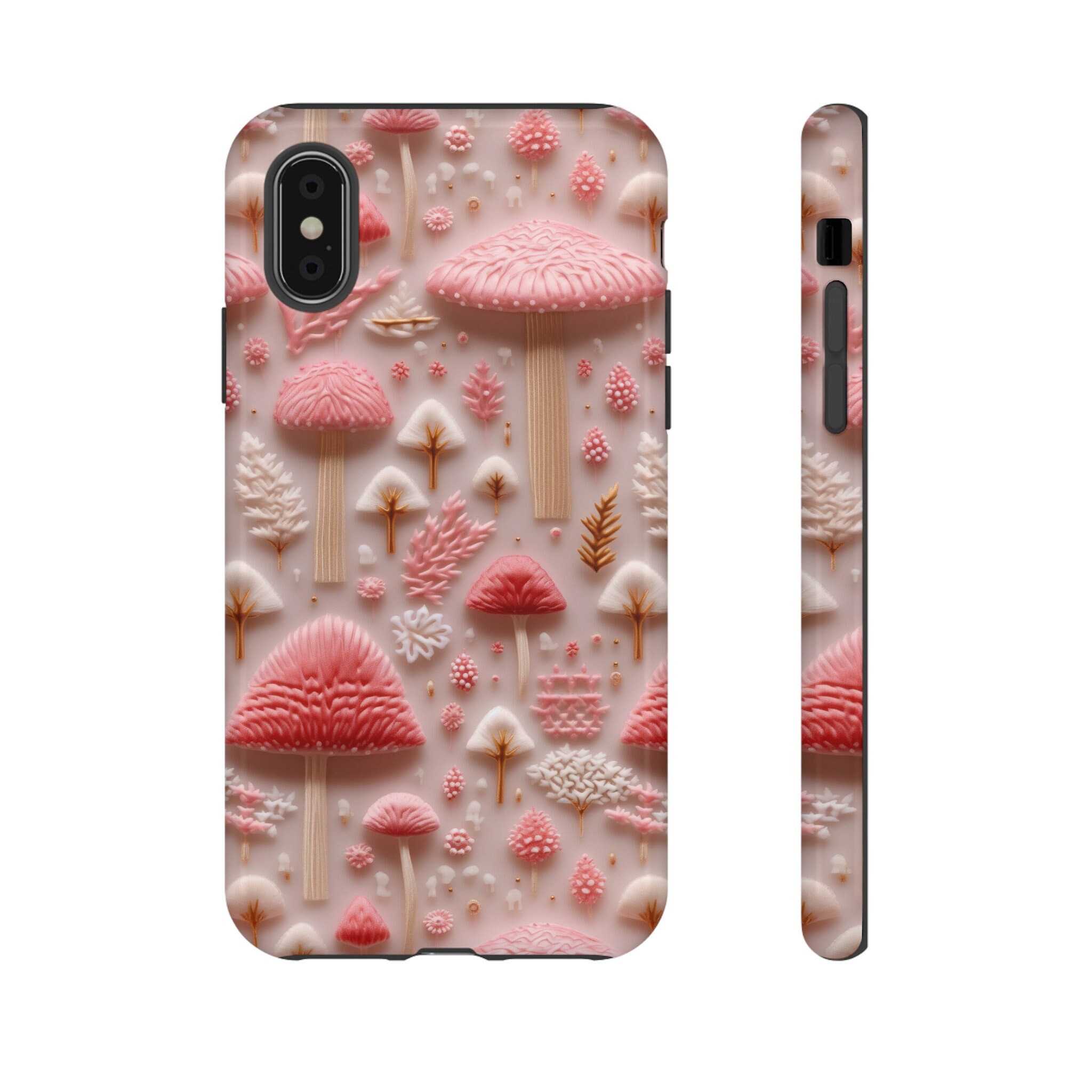 3D Pink Mushroom Phone Case, Faux Embroidery Mushroom Design Phone Cover, Cute Cottagecore Case iPhone 15 14 13, Pixel 8 7, Samsung S24 S23