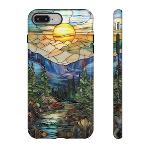 Stained Glass Print Mountain Landscape Phone Case, Rustic Outdoors Sunset Design Phone Cover, iPhone Pro Max, Pixel Pro, Samsung Ultra Plus
