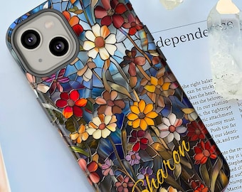 Personalized Tranquility Blossoms Faux Stained Glass Phone Case, Custom Floral Mosaic Cover, Aesthetic Floral Gift For iPhone, Pixel, Galaxy