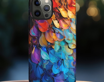 May include: A smartphone case with a vibrant, abstract design. The case features a colorful pattern of overlapping, stylized leaves in shades of blue, purple, orange, and yellow. The case has a glossy finish and a black border.