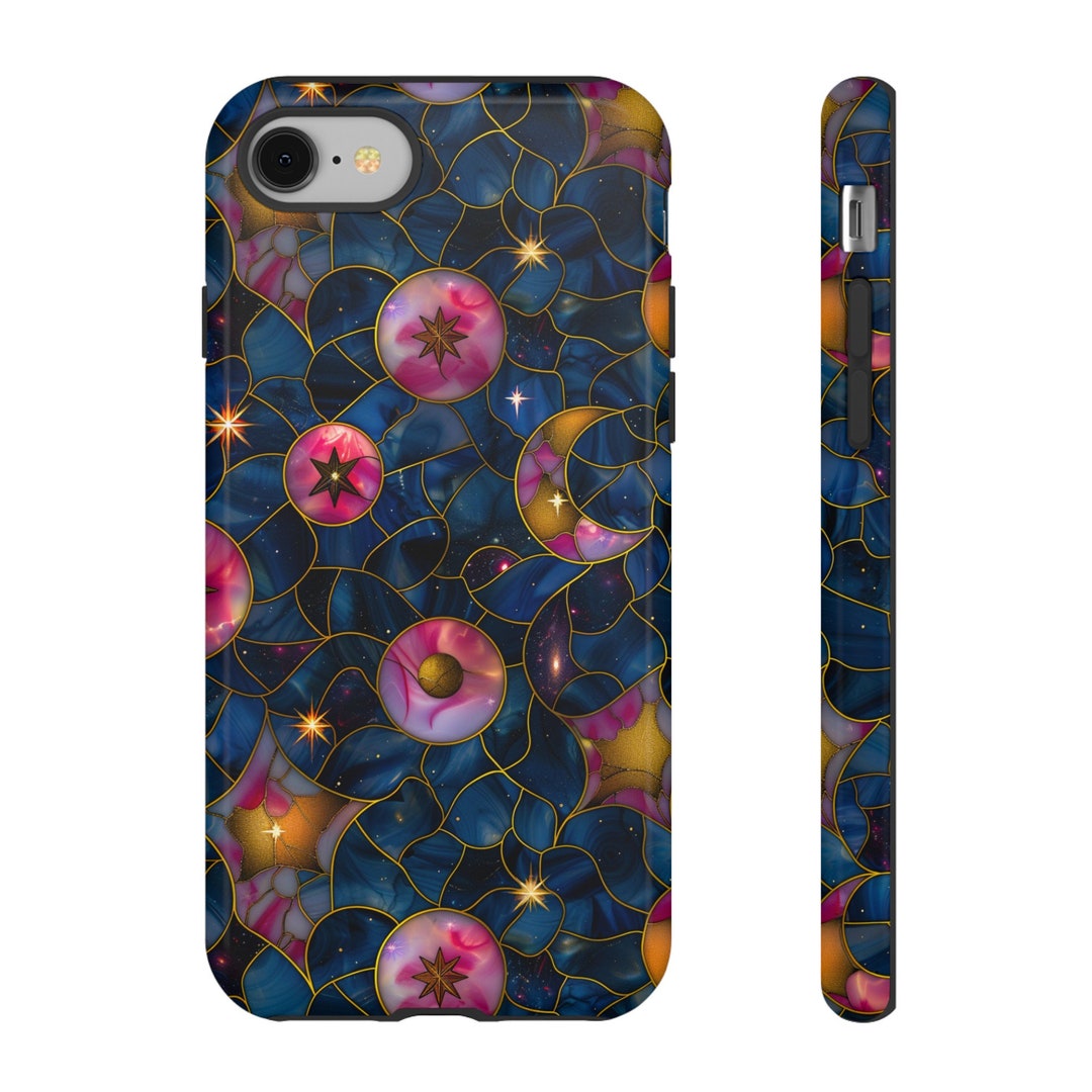 Celestial Stained Glass Moon and Stars Phone Case, Faux Stain Glass ...