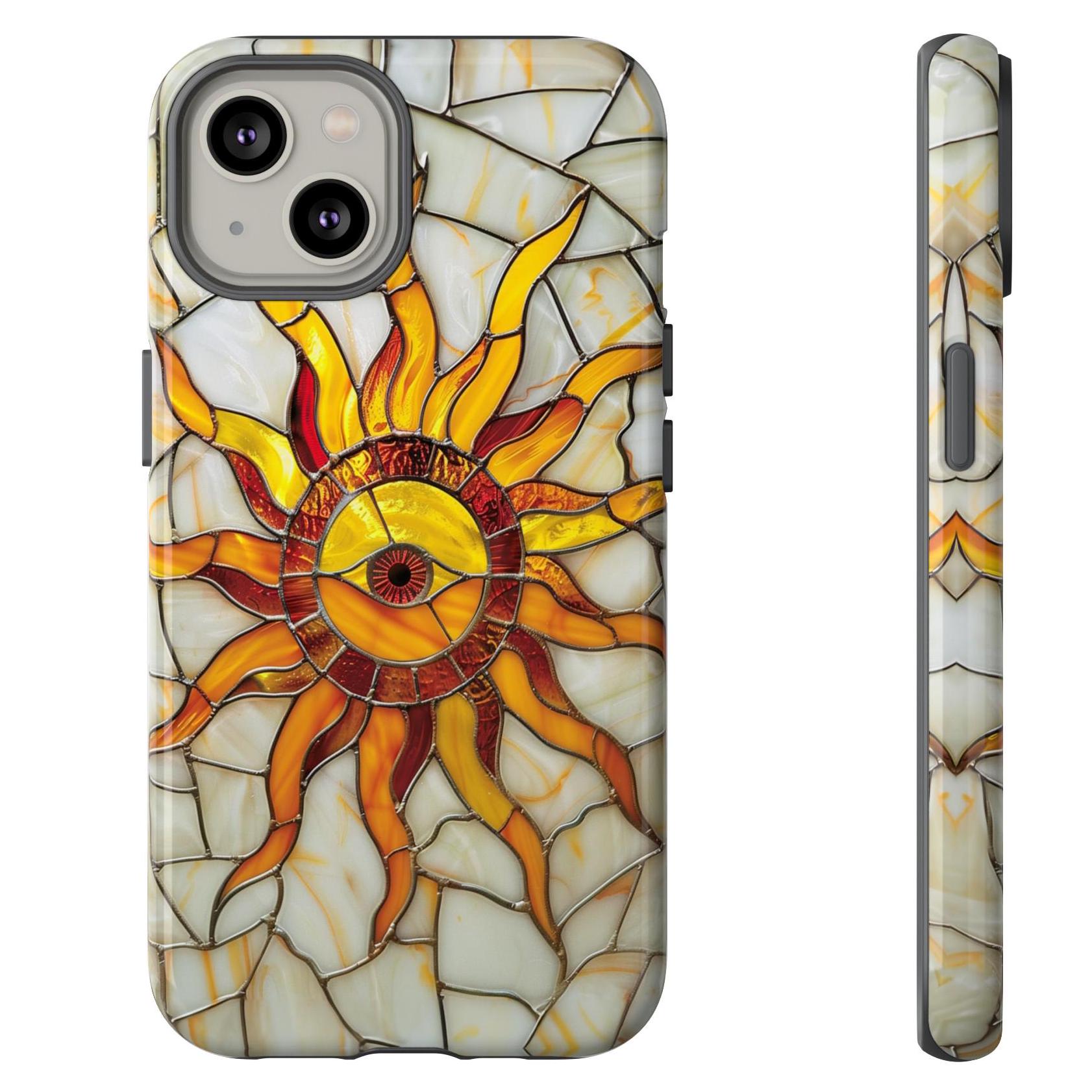Celestial Sun Stained Glass Phone Case, Moon Stars Sunshine Design Phone Cover For iPhone Pro Max, Pixel Pro, Samsung Galaxy Ultra Plus