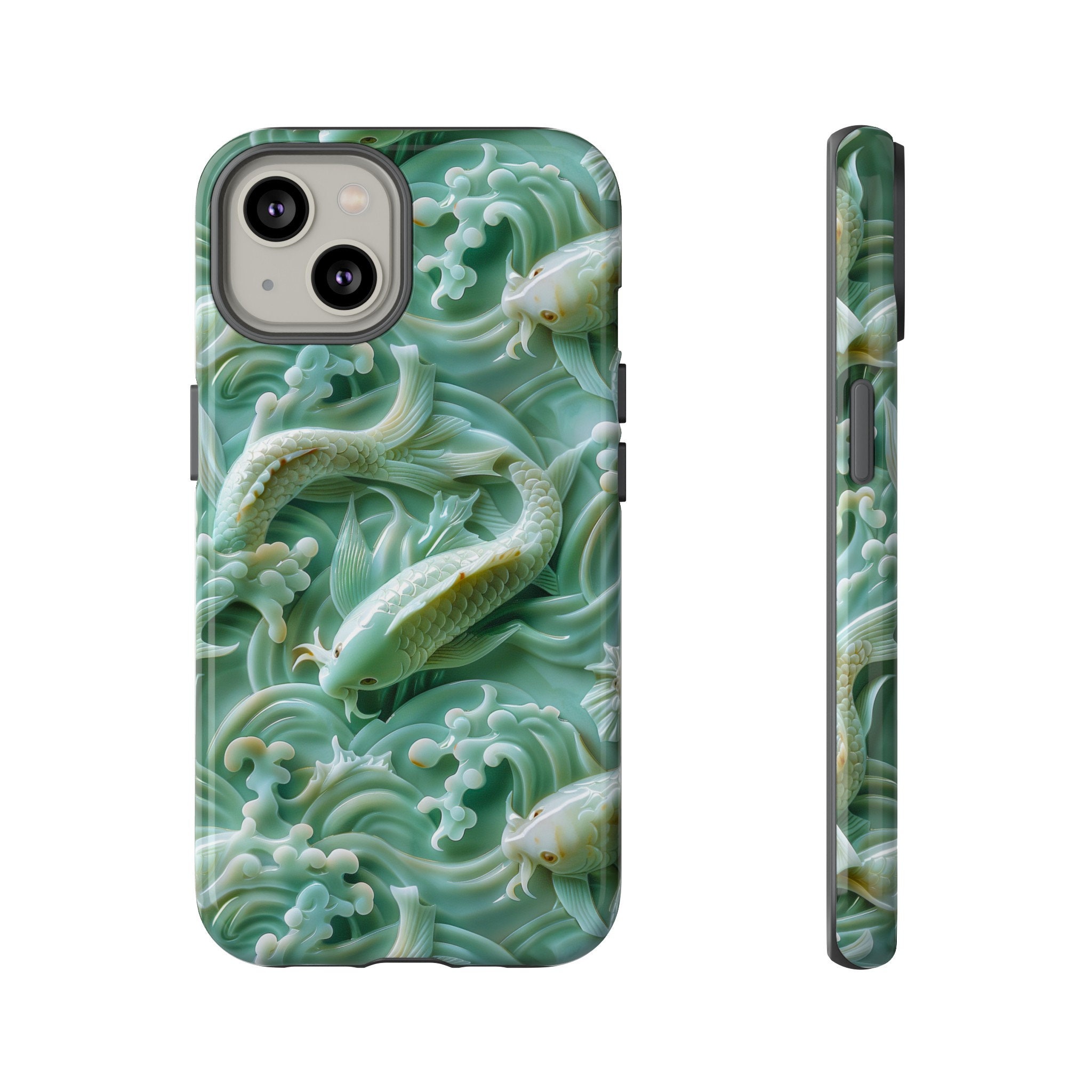 Asian Jade Carving Koi Phone Case | 3D Marble Fish Landscape | iPhone 15 14 Pro Max | Google Pixel 8 7 Pro | Samsung Galaxy S24 S22 Ultra