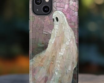 May include: A phone case featuring a mosaic-style design of a ghost. The ghost is depicted in white and cream tones, with black eye sockets, against a pink and purple background. The case is designed for a smartphone.