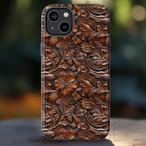 Faux Tooled Leather Flowers Phone Case, Country Western 3D Look Boho Floral Tough Phone Cover, iPhone Pro Max, Pixel Pro, Samsung Plus Ultra