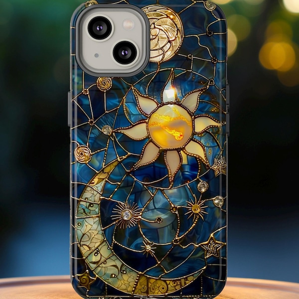 Celestial glas-in-loodprint telefoonhoesje maan en sterren, telefoonhoesje imitatie glas-in-lood sterrenhemel design, iPhone 17, Pixel 9, Samsung S25