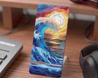 Stained Glass Ocean Wave Mobile Display Stand for Smartphones | Beach Sunset Phone Dock