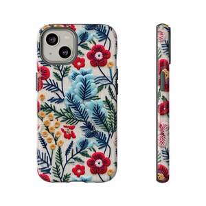 Vintage Frühlingsblumen Handyhülle | Gemütliche Stickerei Effekt Frühling Blumen Handyhülle für iPhone | Pixel | Samsung Bild 1