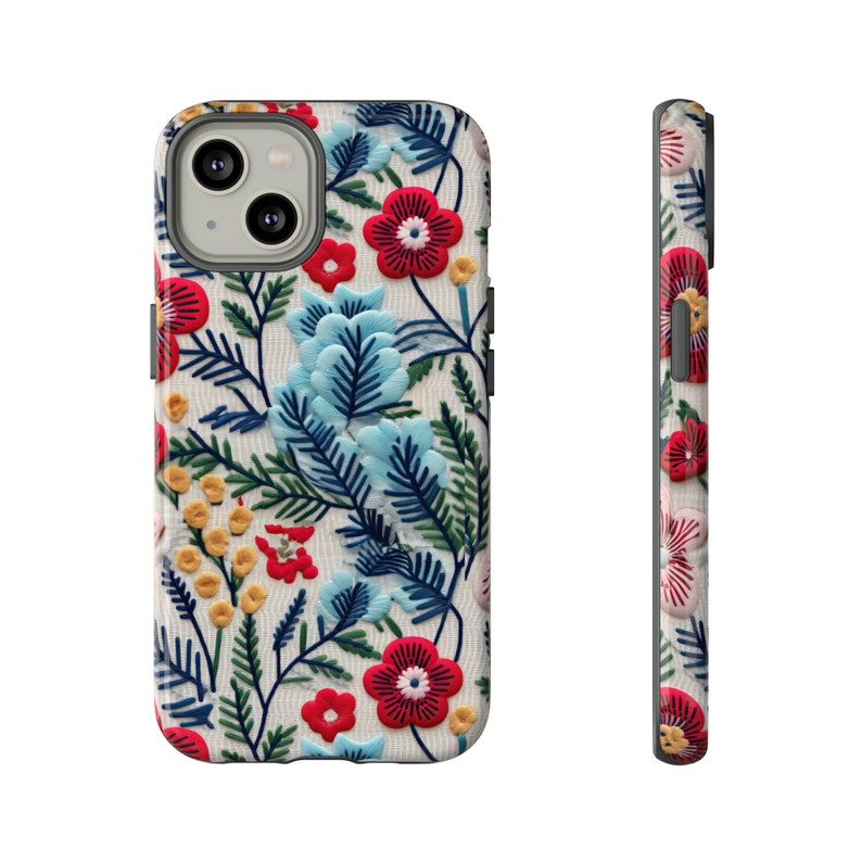 Vintage Frühlingsblumen Handyhülle | Gemütliche Stickerei Effekt Frühling Blumen Handyhülle für iPhone | Pixel | Samsung Bild 1