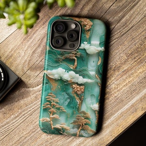 Bloemen gesneden Aziatisch jademarmeren telefoonhoesje | 3D Aziatische gesneden jade bonsai telefoonhoes iPhone 15 Pro Max | Samsung S24 Plus Ultra | Pixel 8