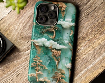 Floral Carved Asian Jade Marble Phone Case | 3D Asian Carved Jade Bonsai Phone Cover iPhone 15 Pro Max | Samsung S24 Plus Ultra | Pixel 8