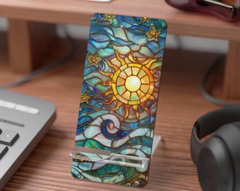 Stained Glass Sun and Waves Phone Stand | Celestial Smartphone Display Stand