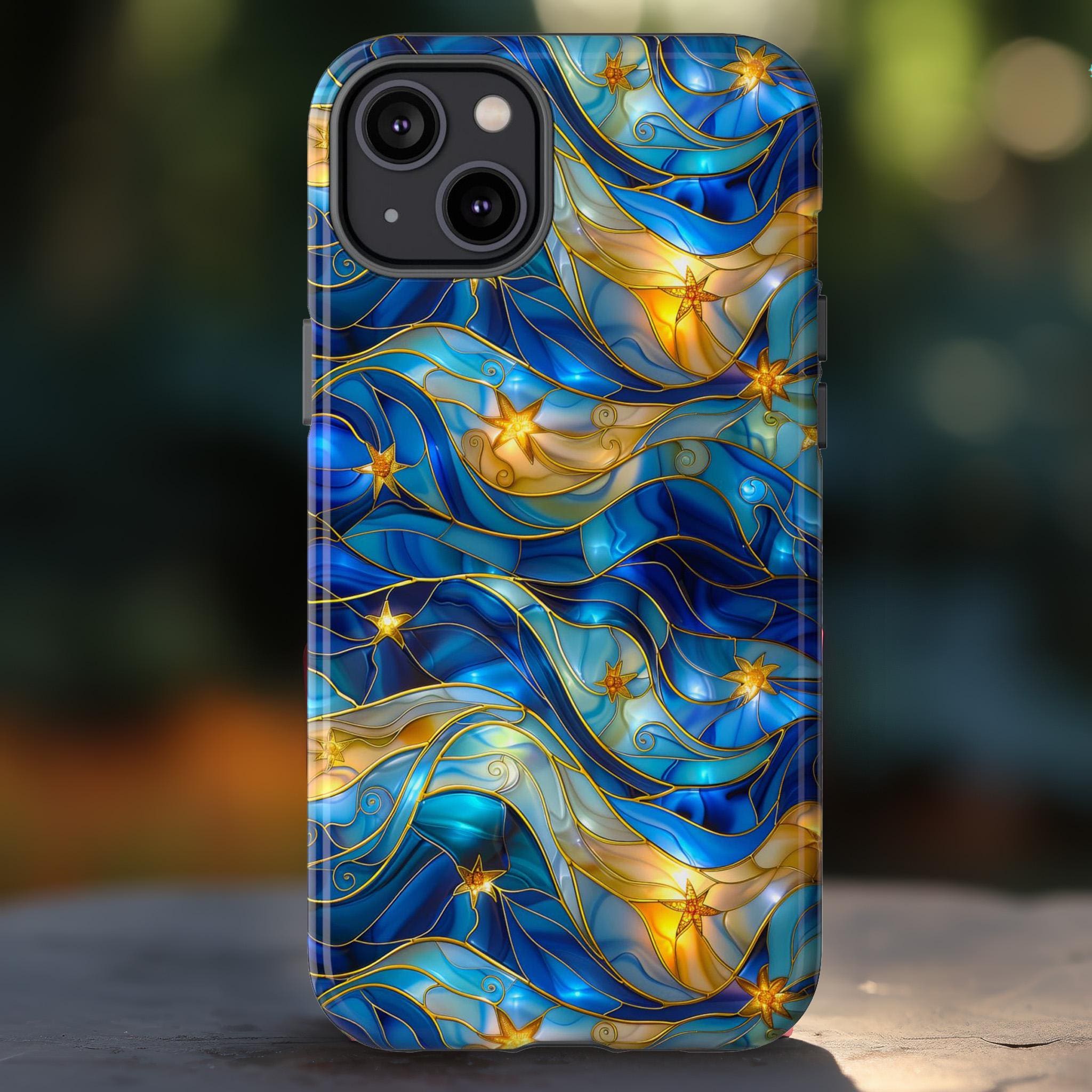 Blue and Gold Stained Glass Celestial Phone Case, Faux