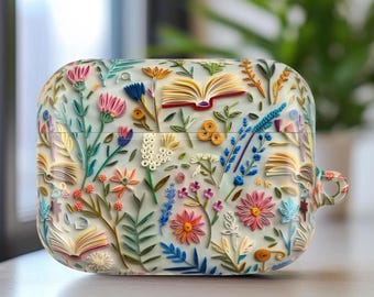 3D Embroidery Bookish Protective AirPod Shell Case, Faux Paper Quilling Floral Books Earphone Cover, Unique AirPods Gift for Music Lovers