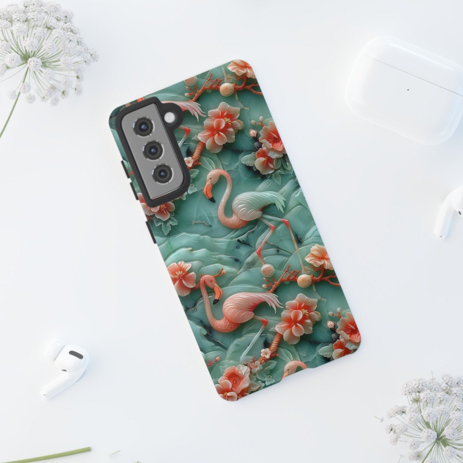 Asian Jade Flamingo Phone Case | Pink Marble Flamingo Landscape | iPhone 15 14 Pro Max | Google Pixel 8 7 Pro | Samsung Galaxy S24 S22 Ultra