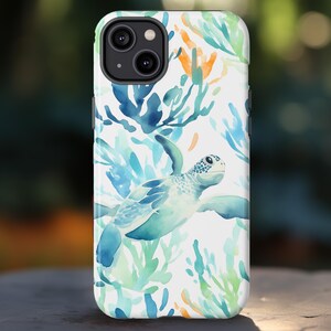 Watercolor Sea Turtle Phone Case, Beautiful Oceanic Underwater Marine Turtle & Coral Phone Cover, Beach Lover Gift For iPhone Pixel Samsung