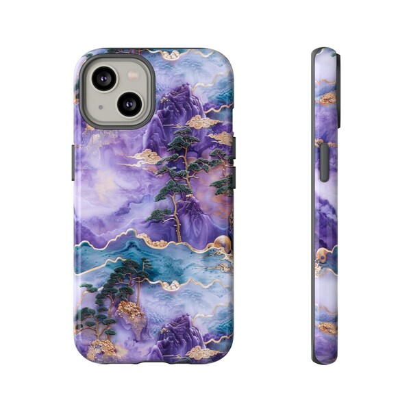 Purple Jade Carving Mosaic Phone Case | Golden Tree Theme Chinese Art 3D Landscape | iPhone 15 14 Pro Max, Pixel 8 7, Samsung S24 S23 Ultra