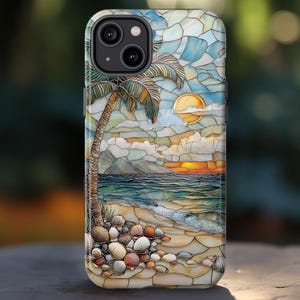 Tropical Sunset Beach Palm Tree iPhone Case, Ocean Waves Phone Cover, Coastal Stained Glass Design, Samsung S25 24 23, Pixel Pro XL, iPhone