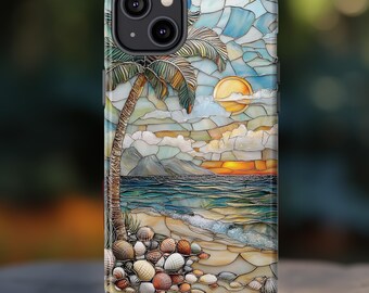 Tropical Sunset Beach Palm Tree iPhone Case, Ocean Waves Phone Cover, Coastal Stained Glass Design, Samsung S25 24 23, Pixel Pro XL, iPhone