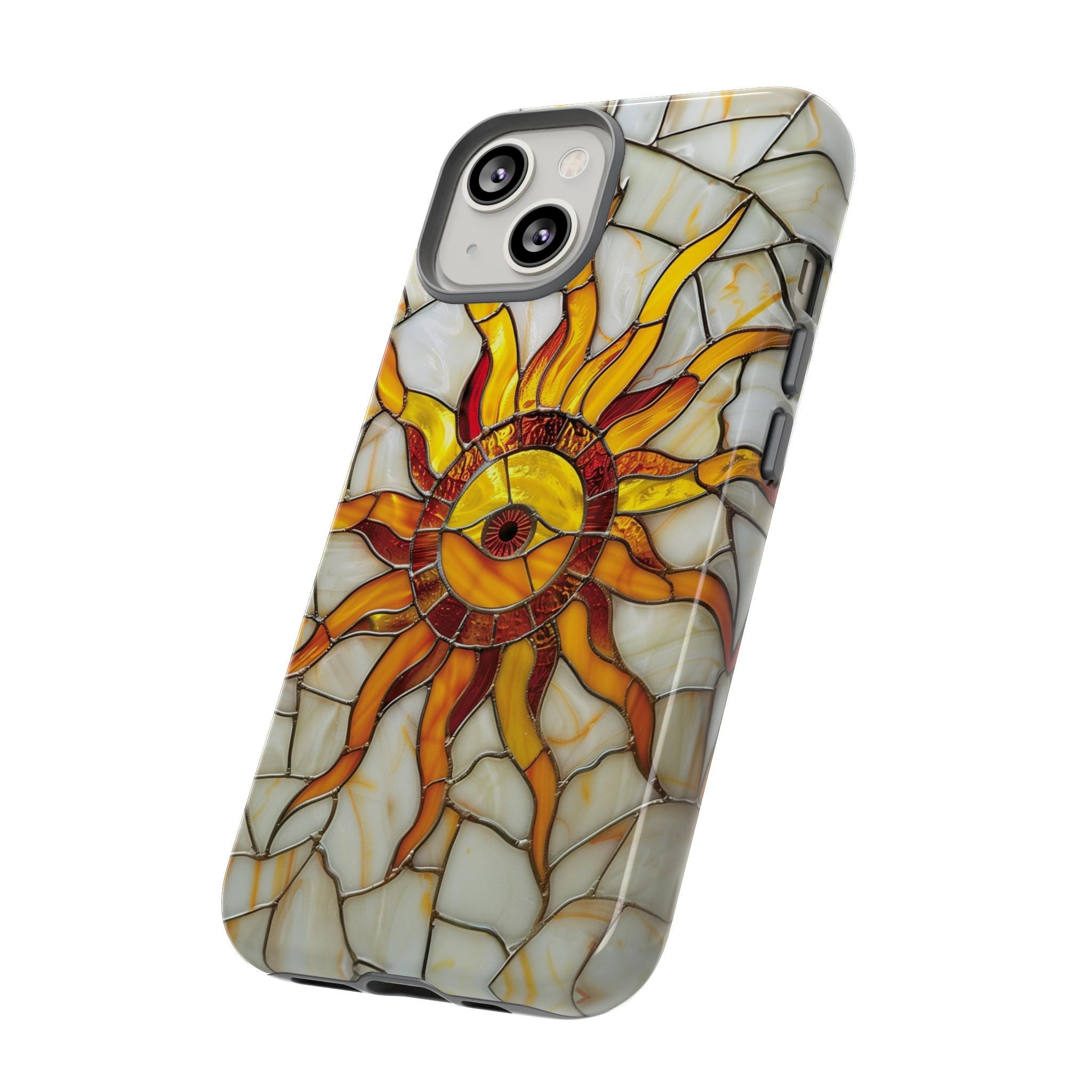 Celestial Sun Stained Glass Phone Case, Moon Stars Sunshine Design Phone Cover For iPhone Pro Max, Pixel Pro, Samsung Galaxy Ultra Plus