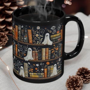 Bookish Floral Ghost Coffee Mug, Book Lover Teacup, Wildflowers Ghosts Books Design Black Coffee Cup, 11 15 Oz Ceramic Mug, Avid Reader Gift
