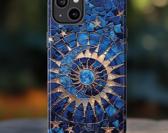 Telefonskal i målat glas med himmelskt motiv, telefonskal i konstfärgat glas med sol och måne, iPhone 16 15 14 Google Pixel 9 8 7 Samsung Galaxy S25 S24 S23
