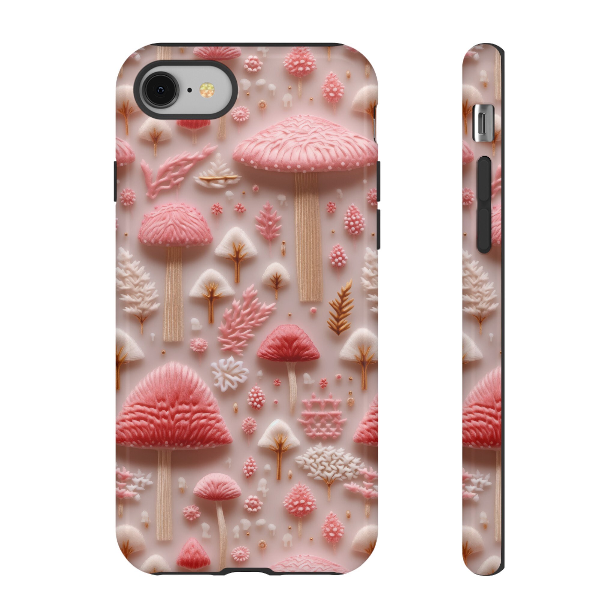 3D Pink Mushroom Phone Case, Faux Embroidery Mushroom Design Phone Cover, Cute Cottagecore Case iPhone 15 14 13, Pixel 8 7, Samsung S24 S23