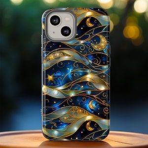 Stained Glass Celestial Moon Phone Case, Glasmalerei-Effekt Sterne und Mond Phone Cover iPhone 16 15 14 13 Pixel 9 8 7 Samsung S25 24 23 22