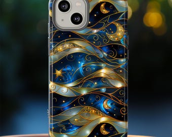 Stained Glass Celestial Moon Phone Case, Glasmalerei-Effekt Sterne und Mond Phone Cover iPhone 16 15 14 13 Pixel 9 8 7 Samsung S25 24 23 22
