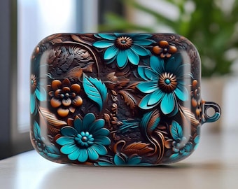Country Western Boho Floral Tooled Leather AirPod Pro Protective Shell Case, 3D Turquoise Flowers AirPods Case Cover Gift for Music Lovers