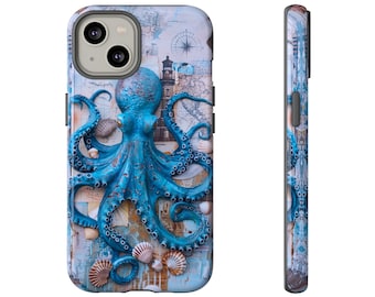3D Octopus Nautical Scrapbook Collage Phone Case, Oceanic Octopus Lighthouse Landscape, iPhone 15 14 Pro Max, Pixel 8, Samsung S24 S23 Ultra