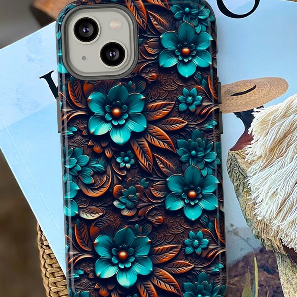 Western Boho Phone Case | Faux Tooled Leather Turquoise Floral Phone Case | Country Leather Phone Cover For iPhone | Samsung | Pixel