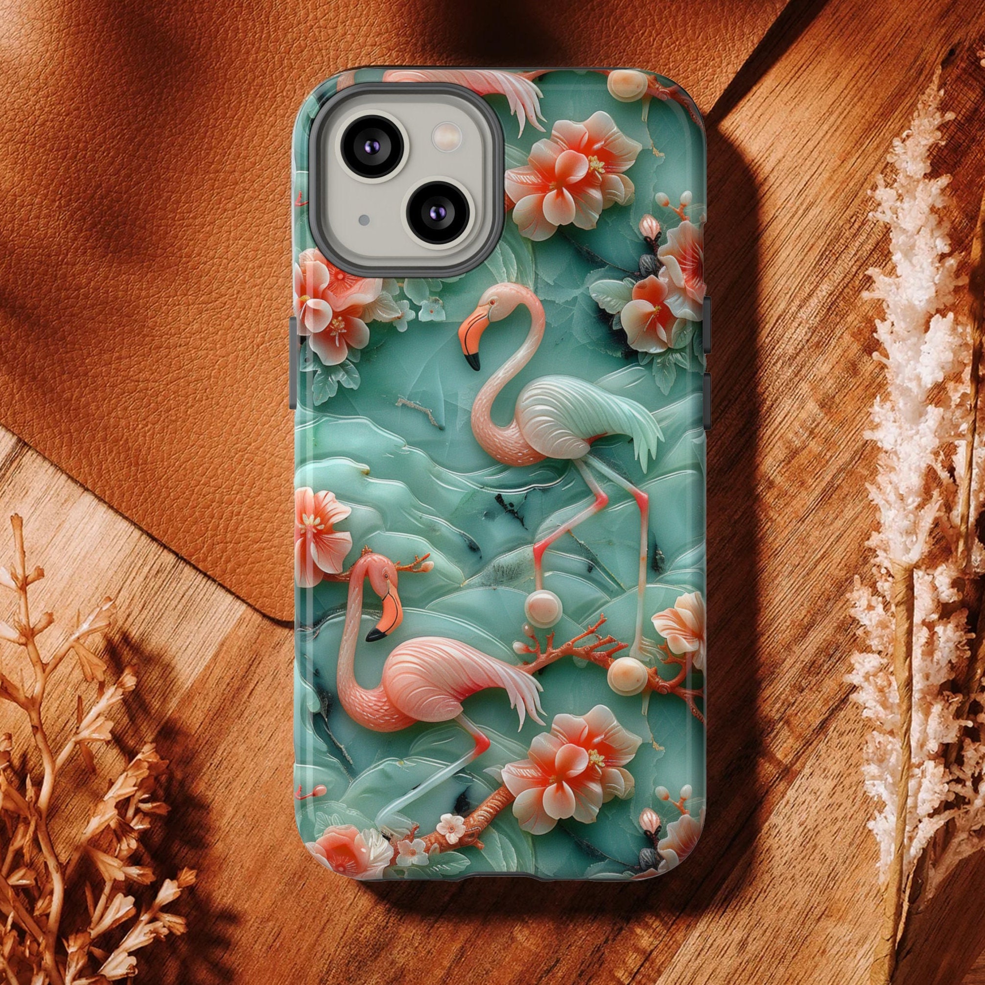 Asian Jade Flamingo Phone Case | Pink Marble Flamingo Landscape | iPhone 15 14 Pro Max | Google Pixel 8 7 Pro | Samsung Galaxy S24 S22 Ultra