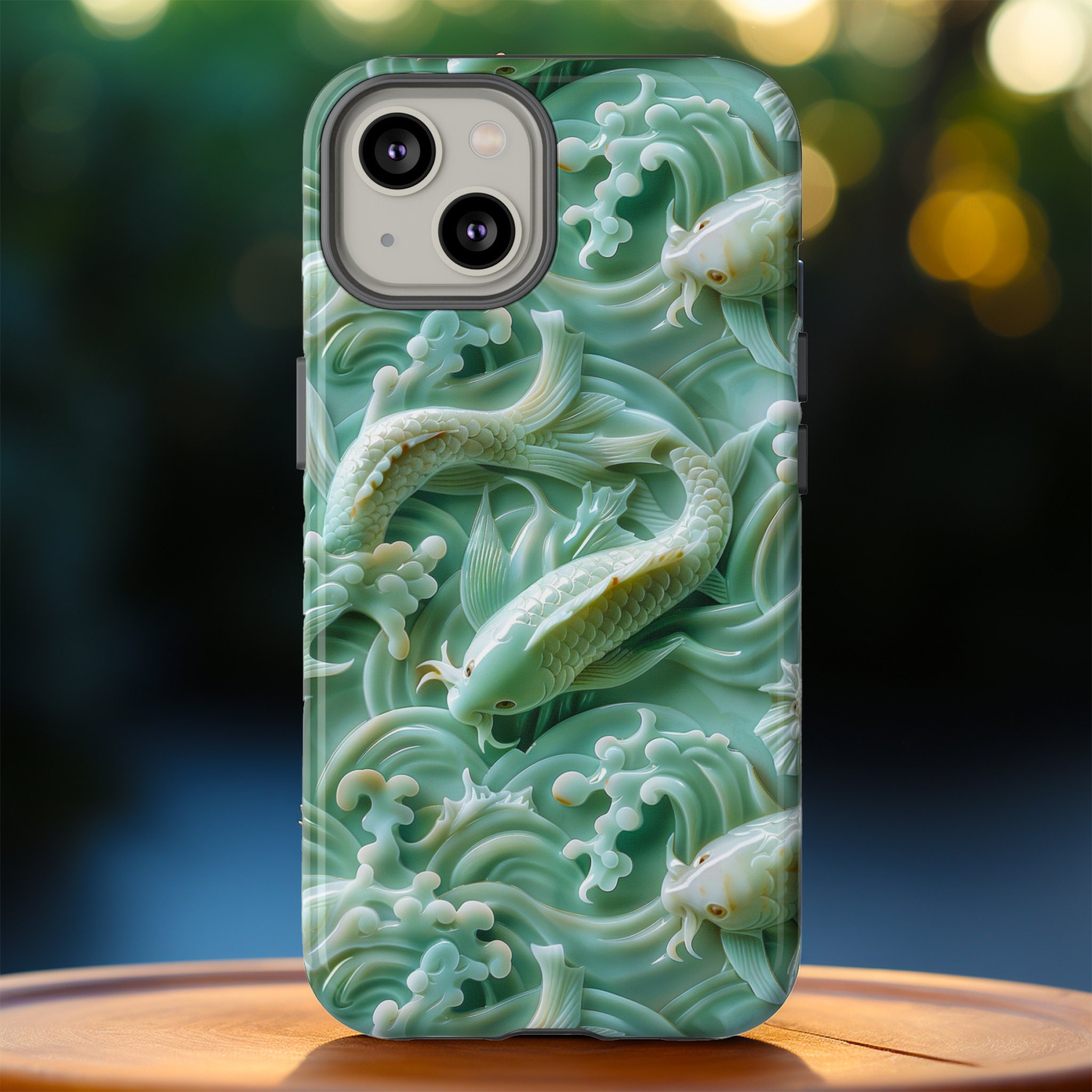 Asian Jade Carving Koi Phone Case | 3D Marble Fish Landscape | iPhone 15 14 Pro Max | Google Pixel 8 7 Pro | Samsung Galaxy S24 S22 Ultra