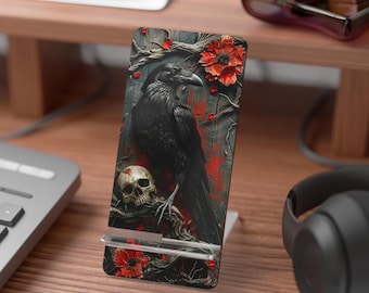 Raven and Skull with Red Flowers Mobile Display Stand | Gothic Phone Dock