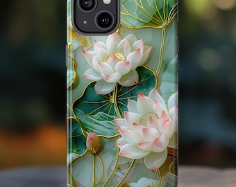 Emerald Green Marble Pink Lotus Floral Phone Case, iPhone 16 15 14 13 12 11 Plus, Google Pixel 9 8 7 Pro, Samsung Galaxy S25 24 23 22 Ultra