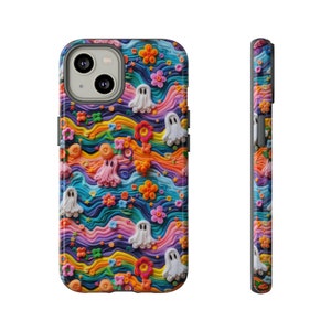 Rainbow Embroidered 3D Ghosts in Flowers Phone Case | Cute Spooky Ghost Floral Phone Case For iPhone | Pixel | Samsung | Ghostly Gift