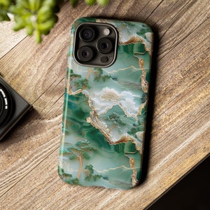 Floral Carved Asian Jade Marble Phone Case | 3D Asian Carved Jade Bonsai Phone Cover iPhone 15 Pro Max | Samsung S24 Plus Ultra | Pixel 8