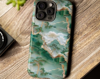 Floral Carved Asian Jade Marble Phone Case | 3D Asian Carved Jade Bonsai Phone Cover iPhone 15 Pro Max | Samsung S24 Plus Ultra | Pixel 8