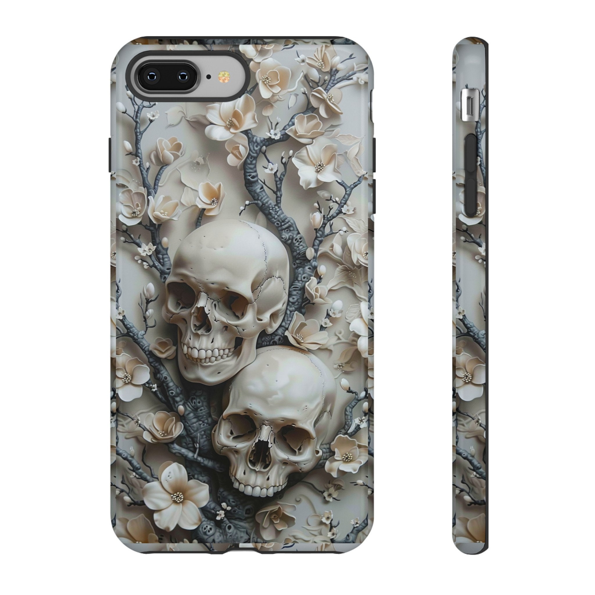 3D Gothic Skulls In Flowers Phone Case | Dark Academia Floral Skull Phone Case | iPhone 15 14 Pro Max, Pixel 8 7, Samsung S24 S23 Ultra Plus