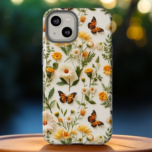 Spring Wildflower Butterfly Tough Phone Case | 3D Floral Butterflies Design | iPhone 15 14 13 Pro Max | Pixel 8 Pro | Samsung S23 S24 Ultra