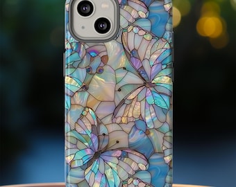 Stained Glass Schmetterling Mosaik Handyhülle, Stain Glass Look Schmetterling Design Handyhülle für iPhone Pro Max, Pixel Pro, Samsung Ultra Plus
