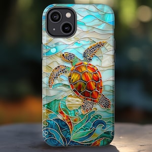 Faux Stained Glass Turtle Phone Case Stained Glass Look Underwater Oceanic Wildlife Phone Cover iPhone 16 Plus Pixel 9 Pro Samsung S25 Ultra