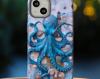 3D Octopus Nautical Scrapbook Collage Phone Case, Oceanic Octopus Lighthouse Landscape, iPhone 15 14 Pro Max, Pixel 8, Samsung S24 S23 Ultra