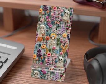 Vintage Skeletons in Wildflowers Mobile Display Stand | Floral Skull Phone Holder