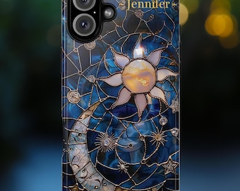 Custom Moon and Stars Phone Case, Celestial Magsafe Compatible Starry Night Sky Space Lover Gift for iPhone 16 15 14, Faux Stained Glass